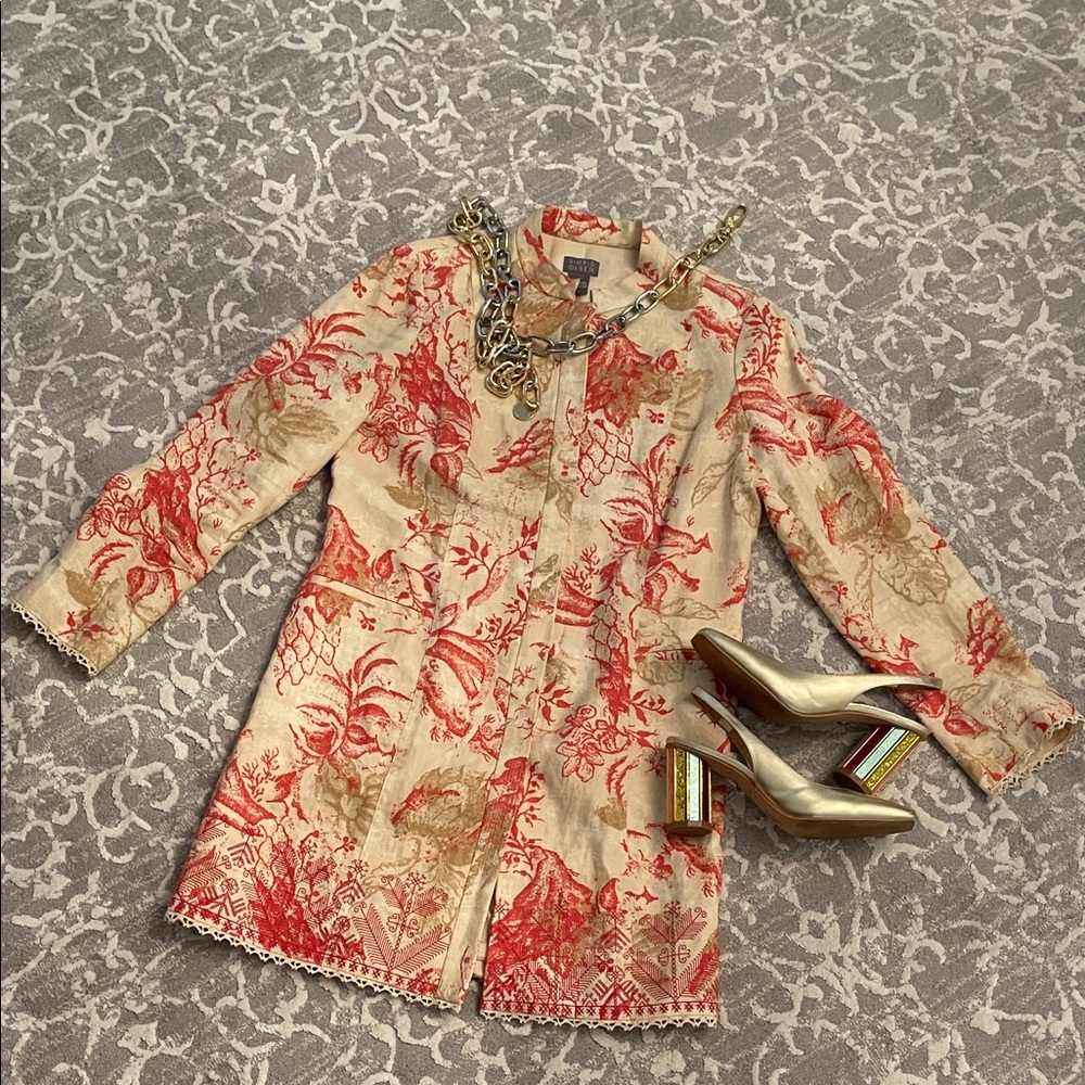 Sigrid Olsen Red, Tan and Cream Floral Blazer
